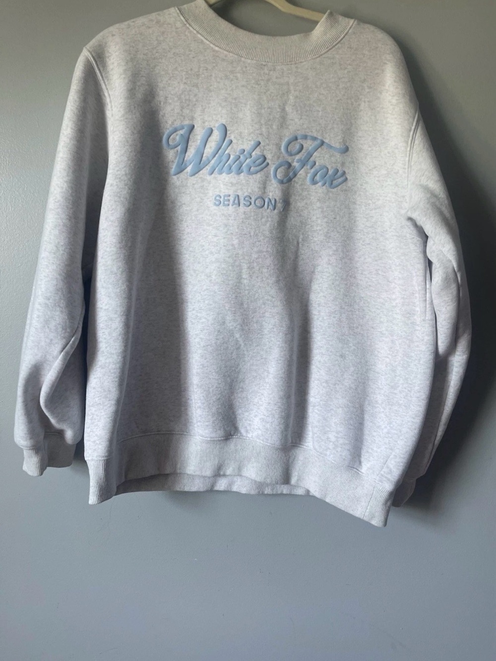 White fox Season Crewneck Sweatshirt - Light Gray with Blue Script
